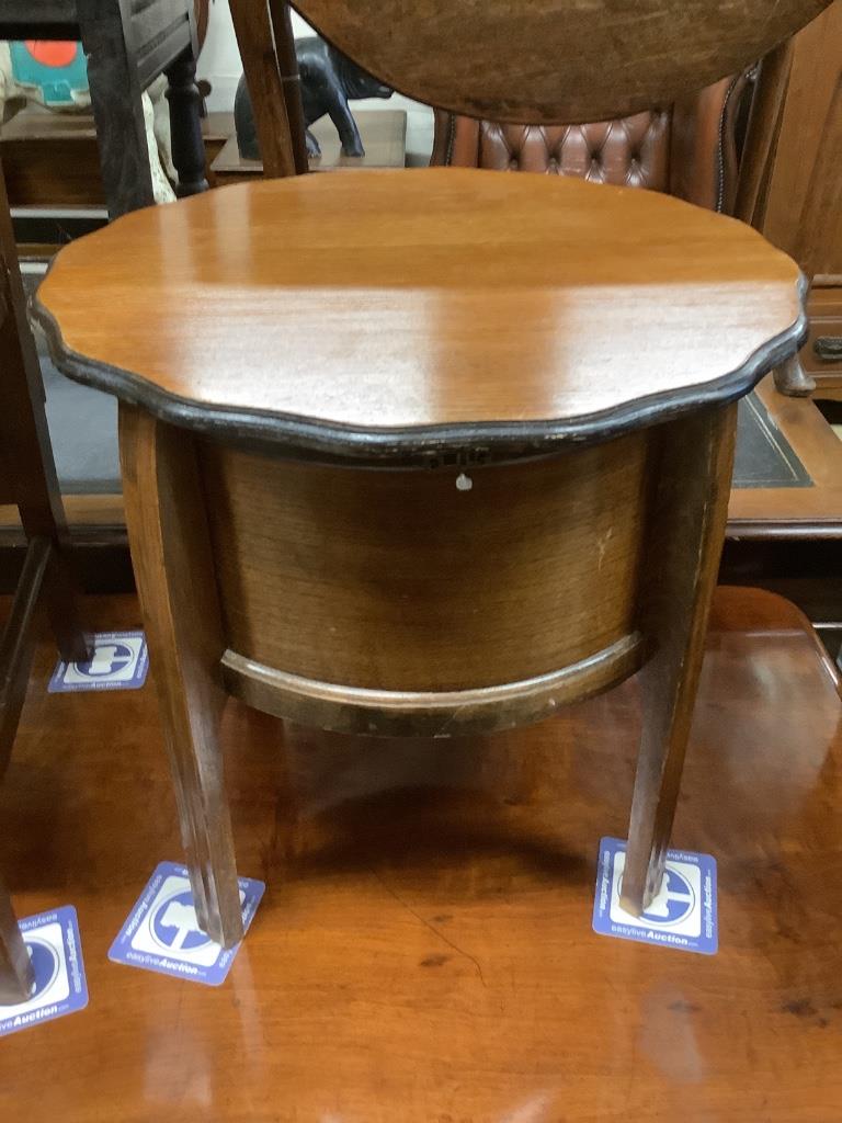 An Edwardian Bond & Son patent trouser press chair and a sewing table